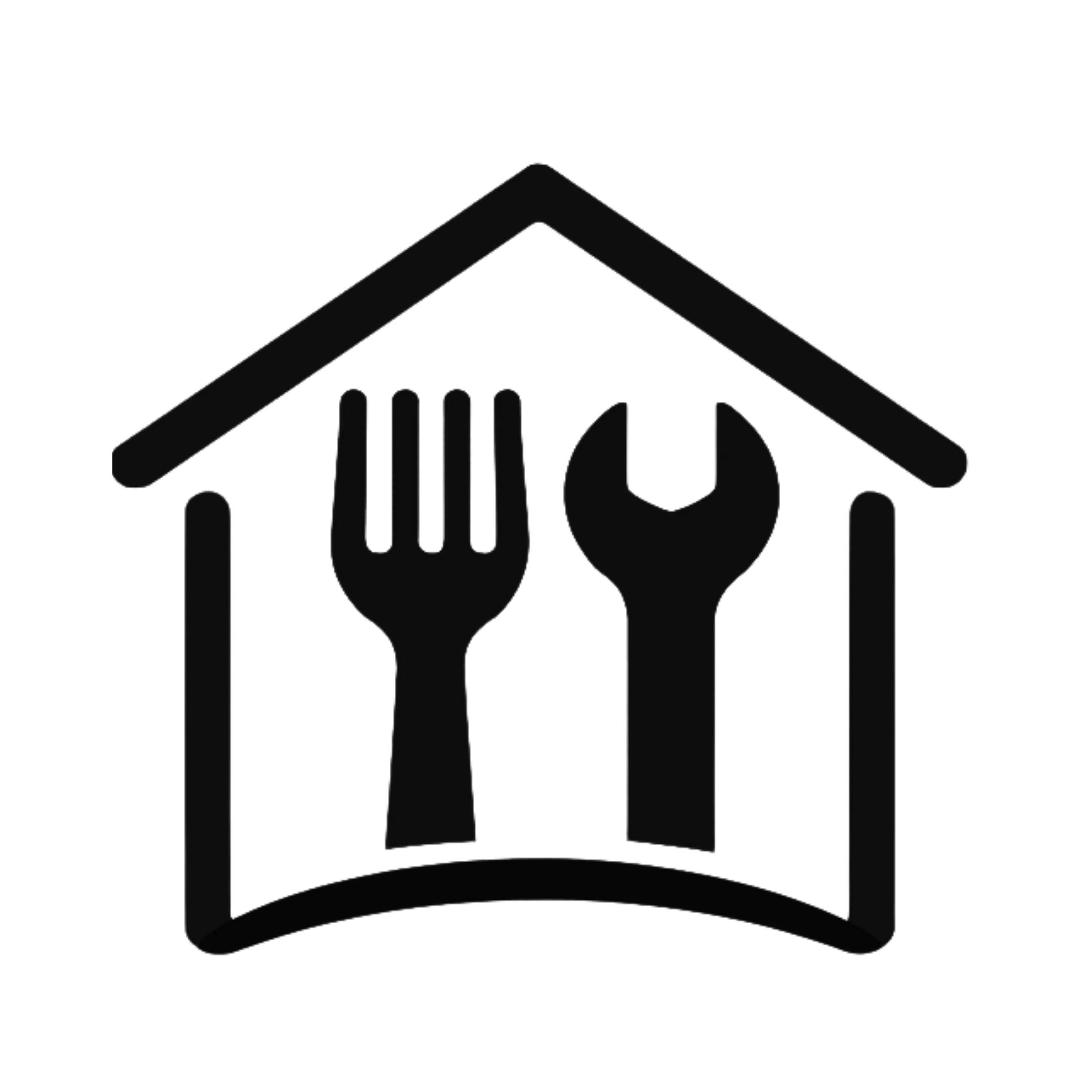 Logo for Singapore restaurant renovation services featuring a black house icon with a fork and wrench inside, symbolizing dining and handyman expertise for F&B interior upgrades and kitchen remodeling.