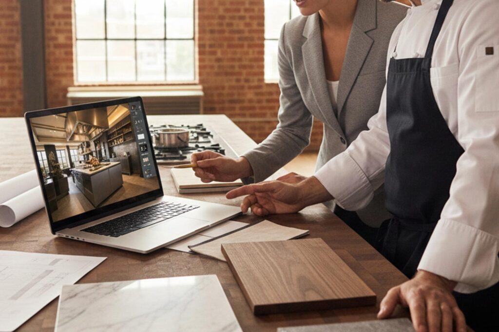 A chef and a designer reviewing a 3D commercial kitchen model on a laptop with material samples like wood and marble on the table.