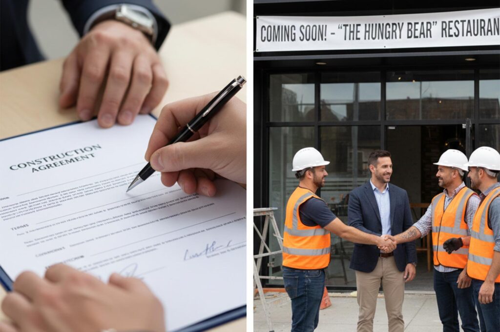 A split image showing a hand signing a construction agreement and a business owner shaking hands with contractors in front of "The Hungry Bear" restaurant.