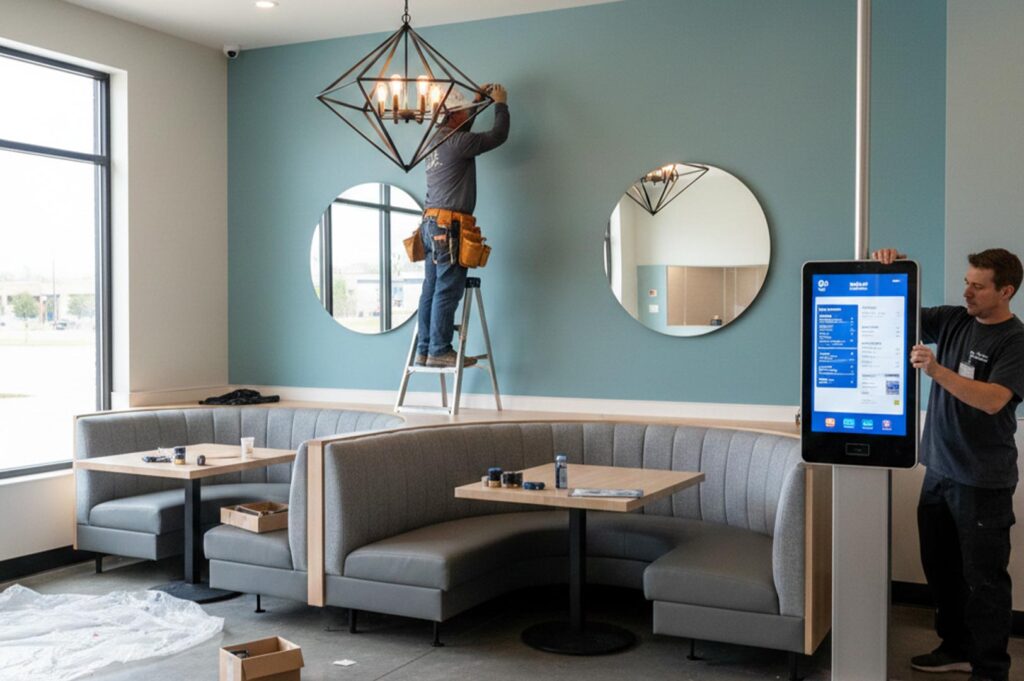 Contractors installing modern lighting and digital menu kiosks in a restaurant dining area featuring blue walls and grey curved booth seating.