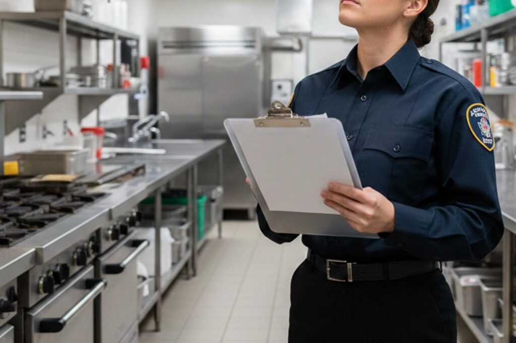 A health inspector in a blue uniform holding a clipboard while performing a final walkthrough of a stainless steel commercial kitchen.