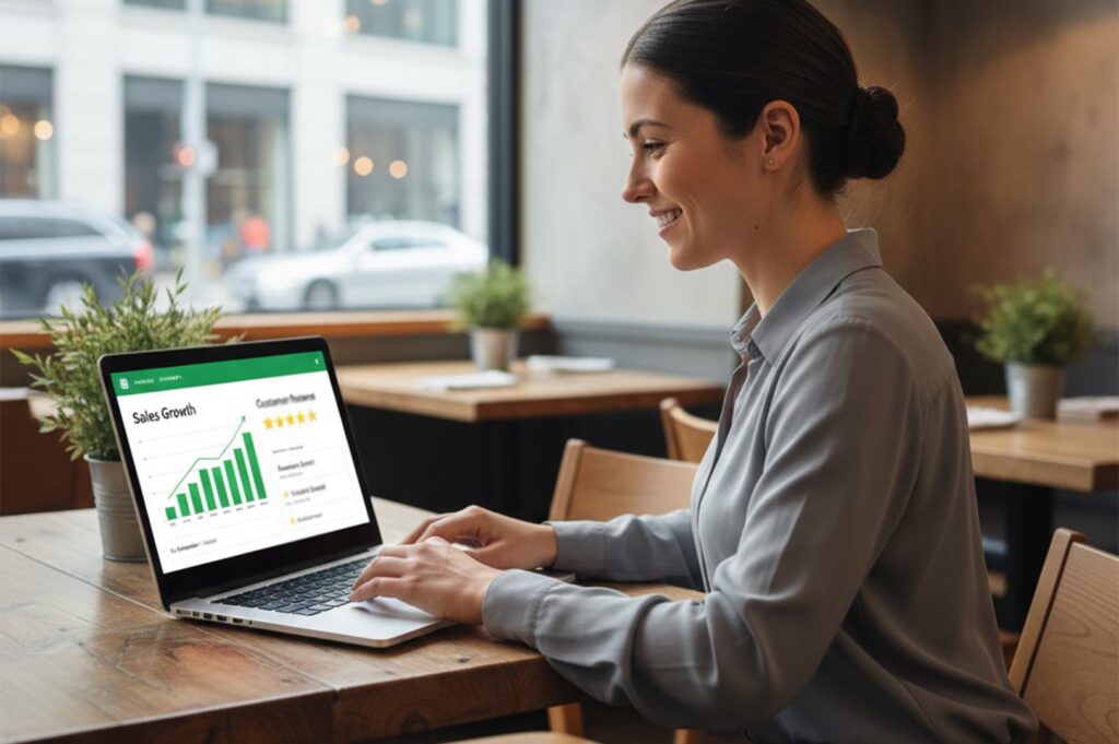 A smiling restaurant owner sitting at a table looking at a laptop screen displaying positive sales growth charts and five-star customer reviews.