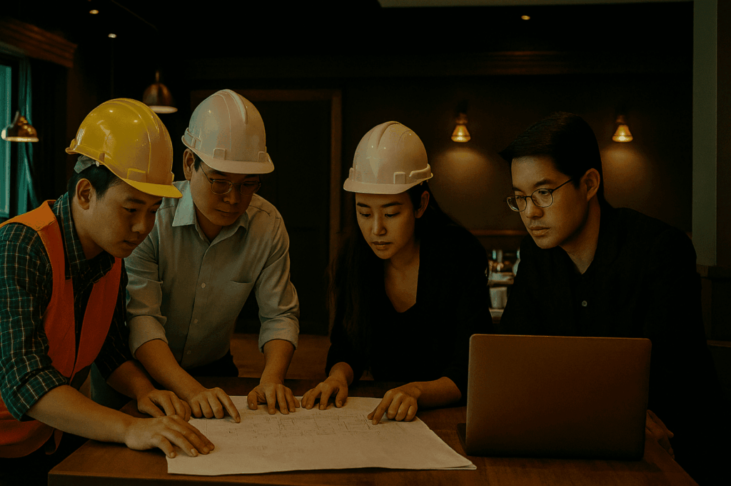 A team of restaurant owners, interior designers, and a renovation contractor collaborate over blueprints and a laptop during the planning stage of a restaurant renovation project, an essential step in the complete restaurant renovation timeline. The meeting takes place indoors, focusing on careful planning, project timeline coordination, and renovation services to ensure a successful restaurant renovation. Discussions cover the restaurant’s layout, dining area upgrades, kitchen equipment needs, operational efficiency, and regulatory compliance, with attention to renovation budget, scheduling renovations during non-business hours, and strategies to continue attracting customers while improving customer experience and customer satisfaction.