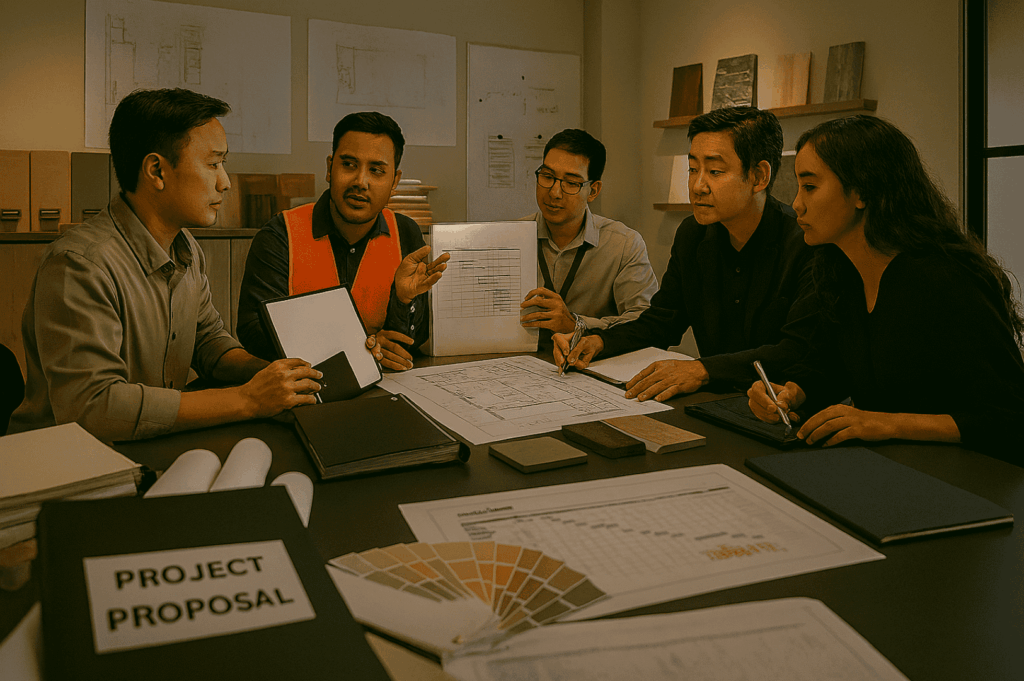 A group of restaurant owners, interior designers, and a renovation contractor meet in a design studio to review a project proposal, blueprints, and material samples during the planning stage of a restaurant renovation project. The discussion focuses on the complete restaurant renovation timeline, covering careful planning, project timeline coordination, and renovation services to ensure a successful restaurant renovation. Key topics include the restaurant’s layout, dining area upgrades, kitchen equipment placement, operational efficiency, renovation budget, and regulatory compliance, with strategies to improve customer experience, meet customer expectations, and enhance business operations while staying ahead of market trends.