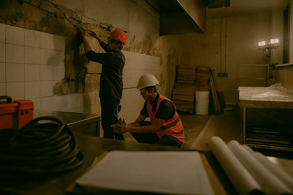 Two construction workers wearing safety helmets and vests collaborate inside a partially renovated restaurant space, inspecting and repairing tiled walls as part of a restaurant renovation project. The scene reflects a key stage in the complete restaurant renovation timeline, where the renovation contractor addresses structural updates, electrical work, and other crucial aspects of the renovation process to ensure a successful restaurant renovation. Construction materials, blueprints, and documentation in the foreground highlight careful planning, regulatory compliance, and renovation services aimed at improving the restaurant’s layout, operational efficiency, and customer experience while staying within the renovation budget and meeting customer expectations.