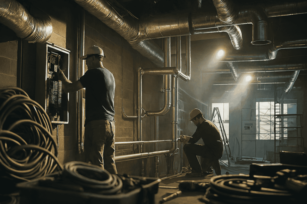 Two construction professionals work inside a partially renovated restaurant space, with one standing to service an electrical panel and the other kneeling to inspect metal pipes, representing a crucial stage in the complete restaurant renovation timeline. This phase of the restaurant renovation project involves the renovation contractor addressing electrical work, infrastructure upgrades, and other key factors in the renovation process to ensure a successful restaurant renovation. The workspace, filled with tools, coiled cables, and construction materials, reflects careful planning, regulatory compliance, and renovation services aimed at improving the restaurant’s layout, operational efficiency, and kitchen efficiency, while managing the renovation budget, meeting safety codes, and enhancing customer experience to meet customer expectations and continue attracting customers.