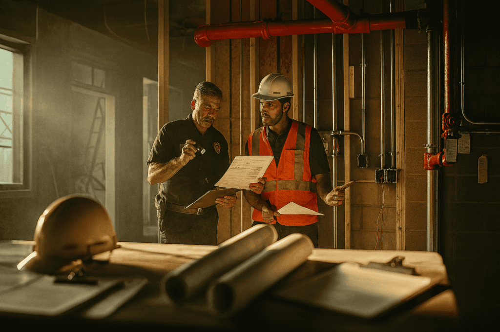 A renovation contractor in an orange safety vest and white hard hat discusses blueprints with a safety inspector inside a partially renovated restaurant, representing a key stage in the complete restaurant renovation timeline. The meeting focuses on reviewing the restaurant renovation project plans, ensuring regulatory compliance, safety codes, and required permits as part of the renovation process. Documents, blueprints, and a hard hat on the table highlight careful planning, renovation services, and project timeline coordination to achieve a successful restaurant renovation. Key considerations include the restaurant’s layout, operational efficiency, renovation budget, and strategies to improve customer experience, meet customer expectations, and enhance business operations while staying ahead of market trends.