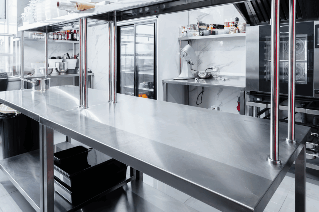 Sleek commercial kitchen with a central stainless steel worktable, surrounded by organized shelves, appliances, and natural light; a hygienic, functional space engineered for seamless culinary workflow and professional precision.