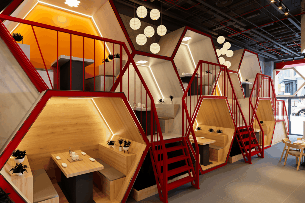 Japanese minimalist interior restaurant design in Singapore showcases innovative restaurant interior design and modern restaurant design principles, blending Singapore restaurant design trends with timeless interior design for smooth operations. The restaurant maximizes space for both cooking and hotel-style dining, featuring wooden tables in hexagonal booths that feel like a contemporary house of art. Designers create a cross‑cultural aesthetic inspired by London and Singapore, offering a warm welcome to customers with thoughtful ideas for the bar, prime location, and unique venue. This inspiration in hospitality merges ambiance and decor to delight guests, bringing life and refined ambience to the service. Spaces cater to family gatherings with appealing layouts that evoke a sense of calm, offering tips to plan for offices or brand identity in design. The booths invite guests to relax and reflect, serving as standout projects for galleries on accessibility and the journey of inclusive design. Dim lighting enhances functionality, while details in architecture connect to nature through plants and efficient operations like ventilation. Each instance achieves balance and flow, using materials to opt for form that rivals the world's best—encouraging visitors to visit and spark the appetite. Thoughtful ramps show understanding of mistakes to avoid for disabilities, preventing delays in kitchen workflow. This important approach creates the ideal blend of comfort for staff and an open place for all.