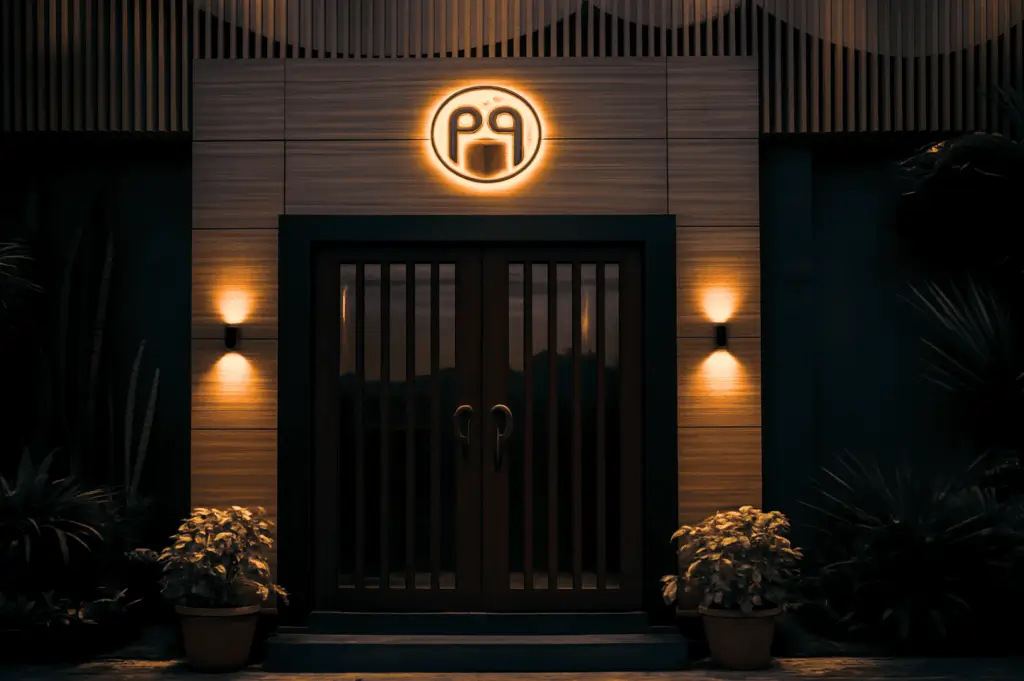 Contemporary restaurant entrance with a sleek double door framed by warm wood panels, leading to an elegant entrance foyer that connects two entrances into stylish dining spaces inside. Symmetrical potted plants and soft wall lighting create inspiration for friends gathering at the table, leaving a lasting impression. This example shows how creating a seamless entry from a house‑style exterior with a circular window‑like sign to the kitchen can match the character of the place, even with some expense. A subtle partition effect in the design guides guests to enter with ease. A week after the updated layout, the owners knew they had found a flow that means home and love for visitors, making each day special. The arrangement is a verb in action—proving that thoughtful design inside any entry can be beautifully achieved.