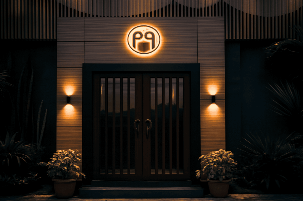 Contemporary restaurant entrance with a sleek double door framed by warm wood panels, leading to an elegant entrance foyer that connects two entrances into stylish dining spaces inside. Symmetrical potted plants and soft wall lighting create inspiration for friends gathering at the table, leaving a lasting impression. This example shows how creating a seamless entry from a house‑style exterior with a circular window‑like sign to the kitchen can match the character of the place, even with some expense. A subtle partition effect in the design guides guests to enter with ease. A week after the updated layout, the owners knew they had found a flow that means home and love for visitors, making each day special. The arrangement is a verb in action—proving that thoughtful design inside any entry can be beautifully achieved.