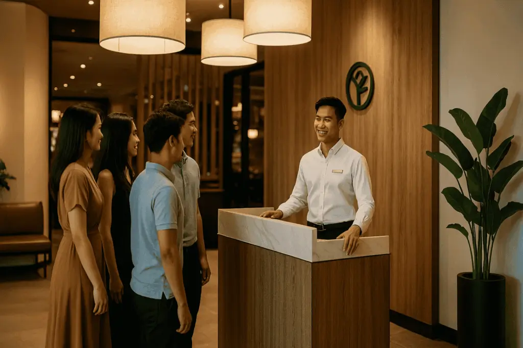 Warm and welcoming restaurant entrance with an elegant entrance foyer where two entrances guide guests from the main door toward dining spaces inside. A smiling receptionist greets friends at the entry, with pendant lights, a potted plant, and a wooden wall with a logo creating an inviting impression. This example shows how creating a seamless flow from window views to table seating can match the character of a stylish house‑inspired place. Even with some expense, the design connects to the kitchen through subtle partition elements, ensuring guests enter with ease. A week after the updated layout, the owners knew they had found a concept that means home and love for visitors, making each day special. The arrangement is a verb in action—turning inspiration into reality and proving that thoughtful design inside any entry can be beautifully achieved.