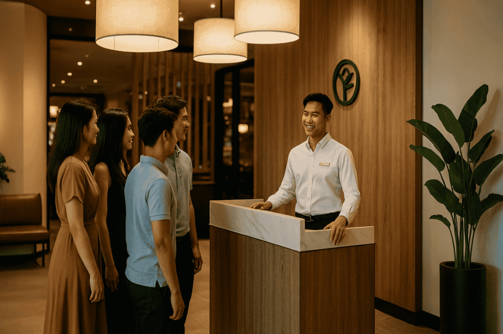 Warm and welcoming restaurant entrance with an elegant entrance foyer where two entrances guide guests from the main door toward dining spaces inside. A smiling receptionist greets friends at the entry, with pendant lights, a potted plant, and a wooden wall with a logo creating an inviting impression. This example shows how creating a seamless flow from window views to table seating can match the character of a stylish house‑inspired place. Even with some expense, the design connects to the kitchen through subtle partition elements, ensuring guests enter with ease. A week after the updated layout, the owners knew they had found a concept that means home and love for visitors, making each day special. The arrangement is a verb in action—turning inspiration into reality and proving that thoughtful design inside any entry can be beautifully achieved.