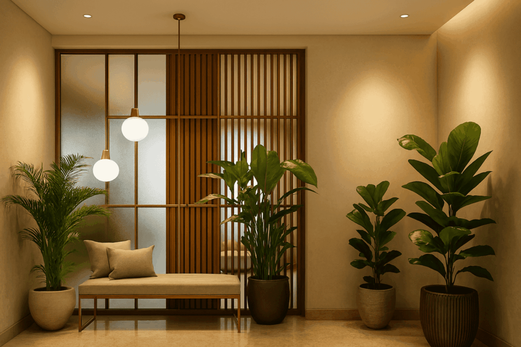 Minimalist restaurant entrance leading to a serene entrance foyer with two entrances, where a wooden partition and soft lighting create warm, inviting spaces. A cushioned bench by the window offers a place for friends to gather before moving toward the table inside. This example shows how creating a seamless flow from door to kitchen can leave a lasting impression, even with minimal expense, when design choices match the character of the house‑style dining area. A week after the update, the owners knew they had found the perfect entry concept—one that means home, love, and a place guests want to enter every day. The layout is a verb in action, turning inspiration into reality, proving that thoughtful flow inside any place can be beautifully updated.