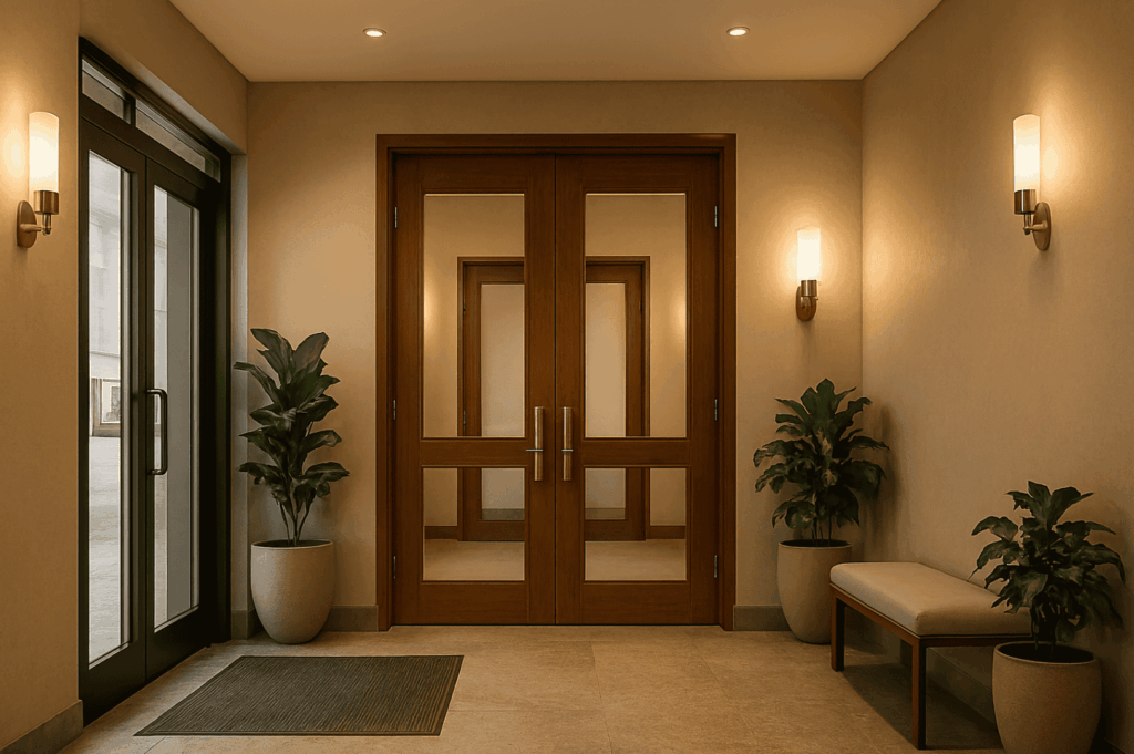 Elegant restaurant entrance with a warm, inviting entrance foyer featuring two entrances—double wooden door with glass panels and a side glass window entry—creating a seamless flow into dining spaces. Potted plants and soft lighting offer inspiration for friends gathering at the table inside, leaving a lasting impression. This example shows how thoughtful design, even with some expense, can match the character of a stylish house while connecting to the kitchen through a subtle partition. A week after the updated layout, the owners knew they had found a concept that means home and love for guests, making the place one they want to enter every day. The design is a verb in action, turning vision into reality and proving that functional beauty inside any space can be achieved.