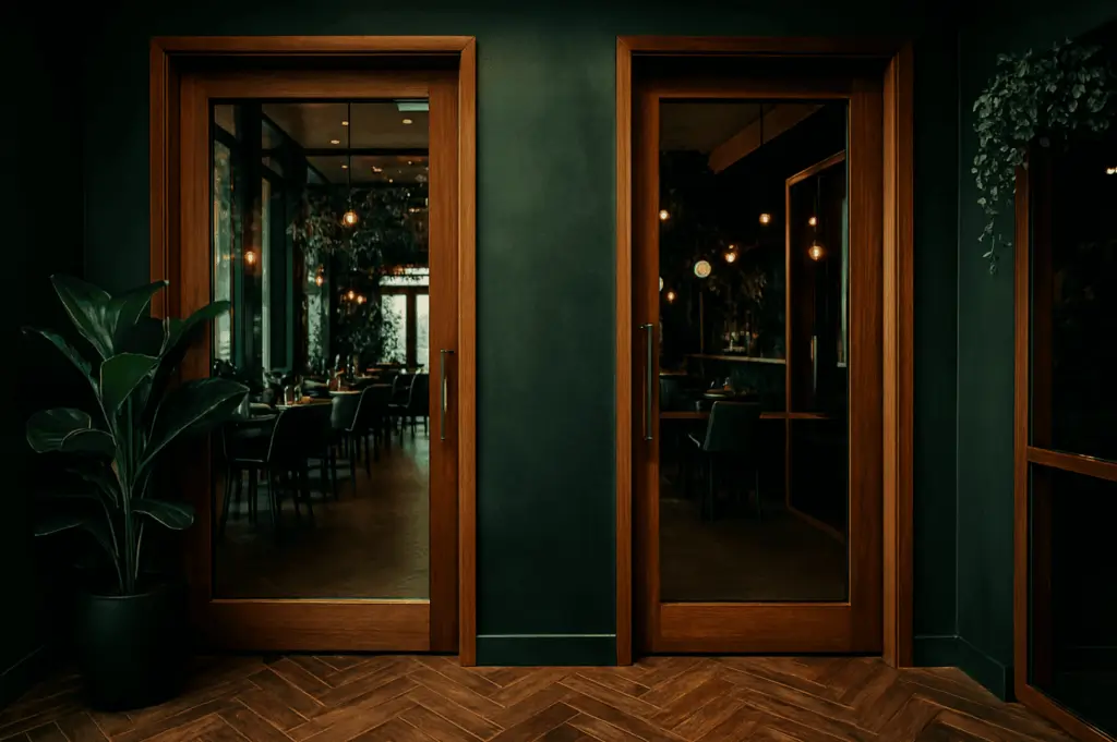 Sophisticated restaurant entrance with an elegant entrance foyer featuring two entrances framed in warm wood, each glass door opening toward a dimly lit dining area inside. The design uses a dark green wall as a partition, creating intimate spaces while allowing a view through the window into tables where friends gather. This example shows how creating a seamless entry from house‑style warmth to refined dining leaves a lasting impression, even with some expense, when materials and layout match the character of the place. A week after the updated design, the owners knew they had found a flow that means home and love for guests, guiding them to enter each day toward the kitchen and table. The layout is a verb in action—turning inspiration into reality and proving that thoughtful design inside any entry can be beautifully achieved.