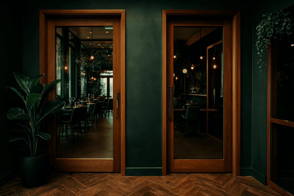 Sophisticated restaurant entrance with an elegant entrance foyer featuring two entrances framed in warm wood, each glass door opening toward a dimly lit dining area inside. The design uses a dark green wall as a partition, creating intimate spaces while allowing a view through the window into tables where friends gather. This example shows how creating a seamless entry from house‑style warmth to refined dining leaves a lasting impression, even with some expense, when materials and layout match the character of the place. A week after the updated design, the owners knew they had found a flow that means home and love for guests, guiding them to enter each day toward the kitchen and table. The layout is a verb in action—turning inspiration into reality and proving that thoughtful design inside any entry can be beautifully achieved.