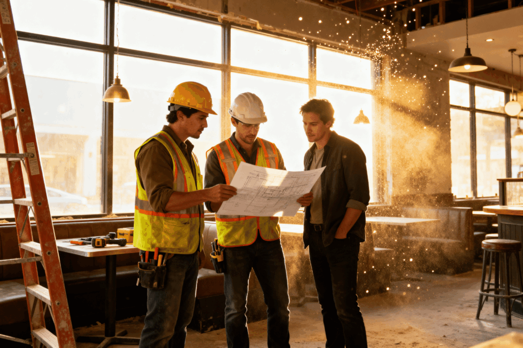 Three individuals inside a sunlit construction site—two wearing hard hats and reflective vests examine a large blueprint, while a casually dressed observer looks on. Dust particles float in the light streaming through tall windows, highlighting the collaborative planning amid tools, a red ladder, and scattered furniture in a partially renovated space.