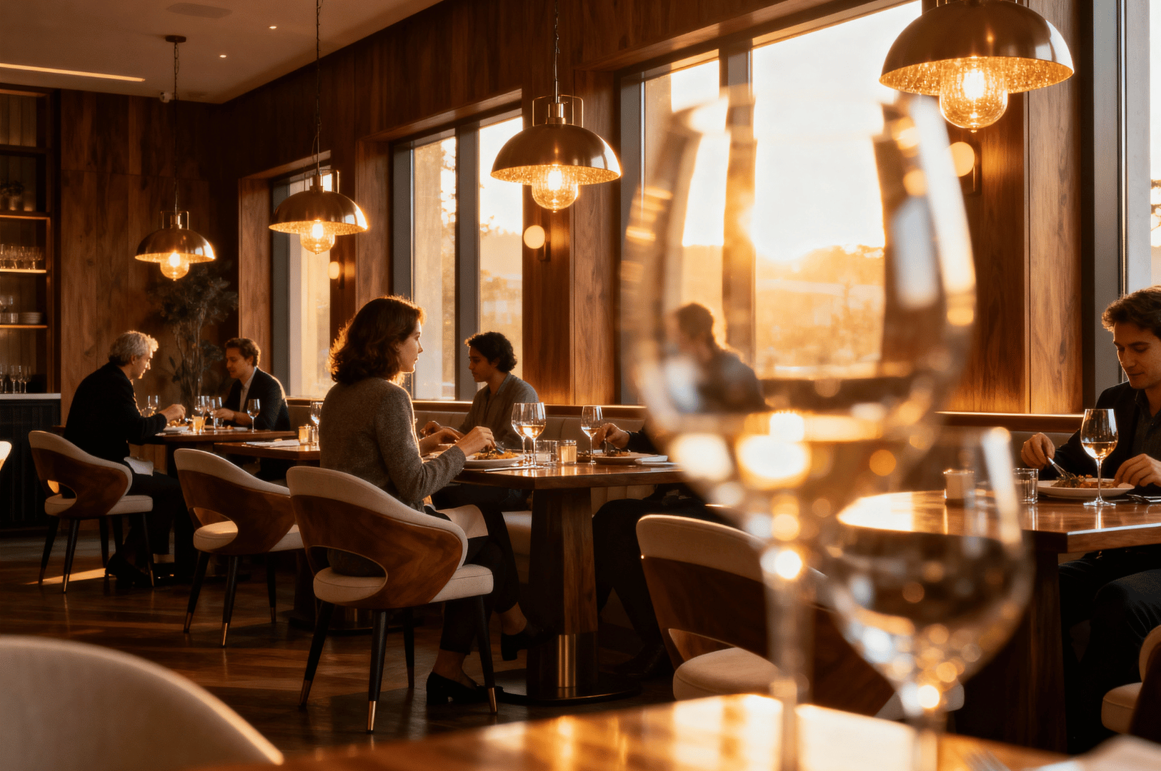 Warm golden light filters through expansive windows in a modern upscale restaurant, casting a sunset glow over wooden walls and elegant pendant lighting. Patrons dine and converse at polished tables, while two large wine glasses in the foreground blur into soft focus, creating a layered depth-of-field effect that evokes intimacy, sophistication, and the quiet hum of early evening hospitality.