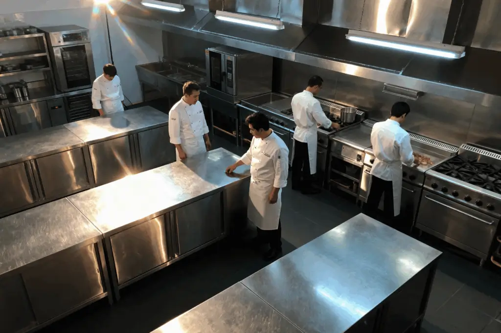 Five chefs in white uniforms work inside a spotless, stainless steel commercial kitchen—two clean countertops, one tends to the oven, and two prepare food at the stove. The space is brightly lit and meticulously organized, evoking the precision, teamwork, and rhythm of a high-functioning culinary environment.