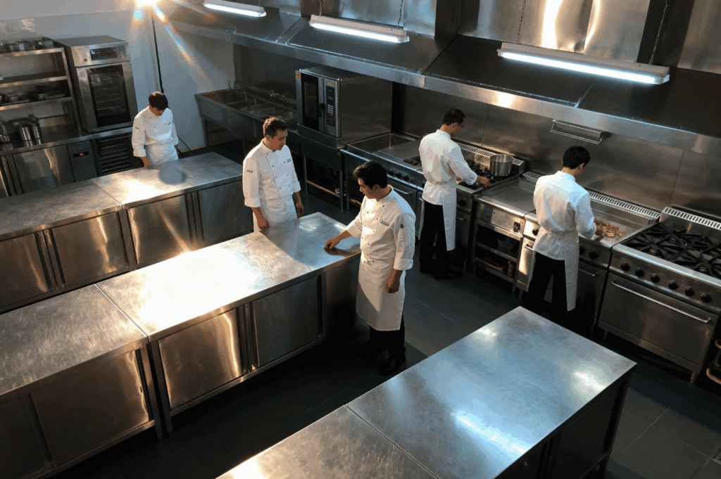 Five chefs in white uniforms work inside a spotless, stainless steel commercial kitchen—two clean countertops, one tends to the oven, and two prepare food at the stove. The space is brightly lit and meticulously organized, evoking the precision, teamwork, and rhythm of a high-functioning culinary environment.