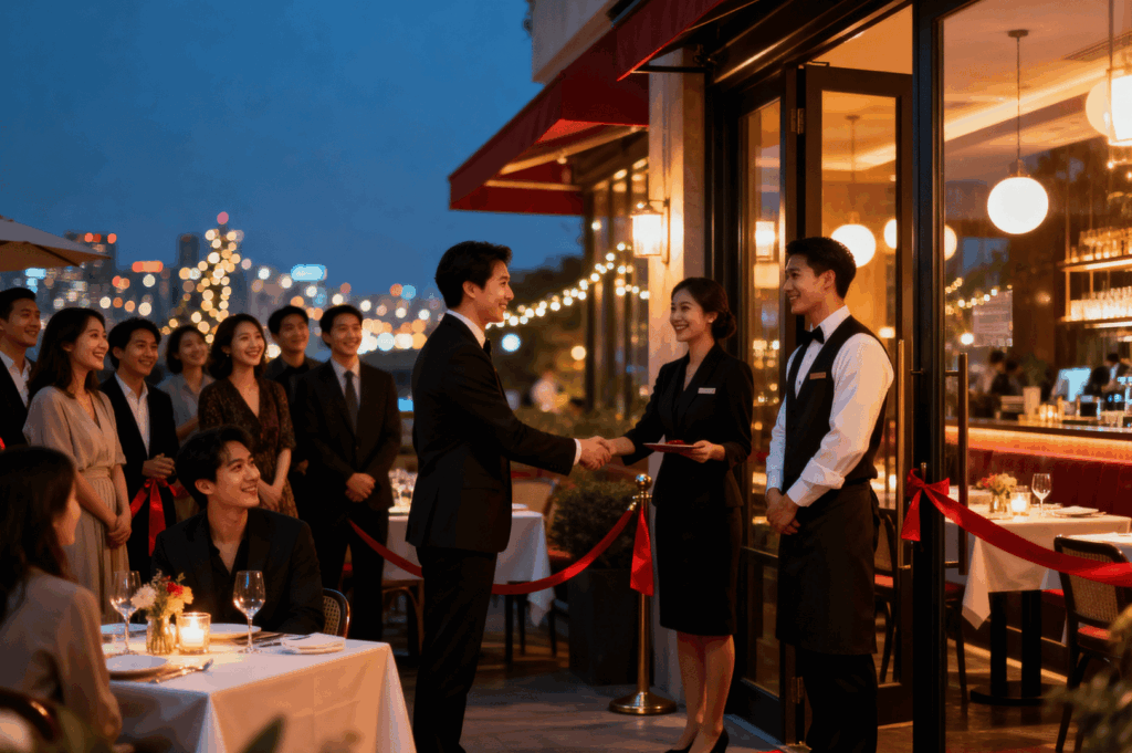 Evening celebration outside a modern upscale restaurant—well-dressed guests mingle under string lights and candlelit tables, while a man in a black suit shakes hands with a uniformed hostess, suggesting a grand opening or special event. Warm ambient lighting spills from the stylish interior through large glass doors, evoking a festive, welcoming atmosphere.