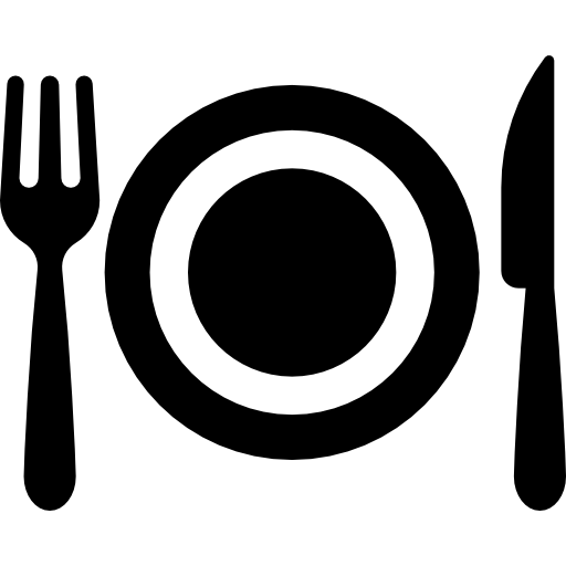 Dining icon with fork, plate, and knife, representing food, restaurants, cafes, and hospitality services.