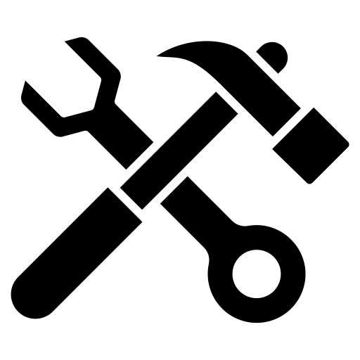 Black icon of a wrench and hammer crossed, symbolizing construction, renovation, repair, and maintenance services.