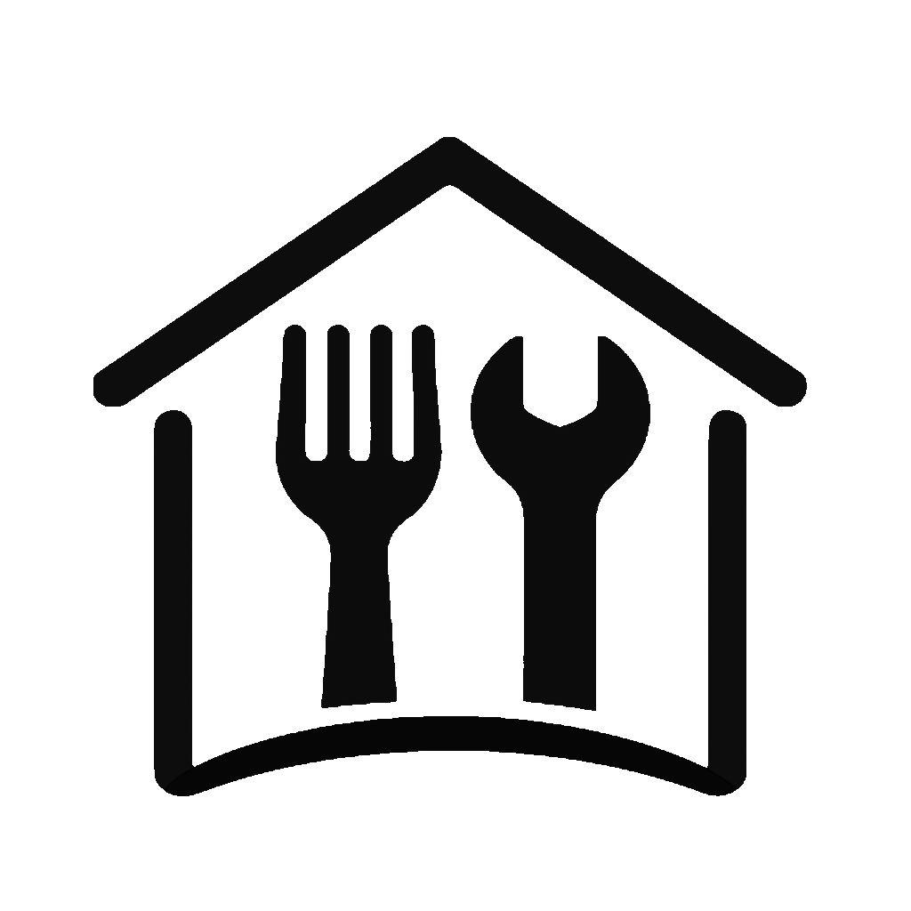 Logo for Singapore restaurant renovation services featuring a black house icon with a fork and wrench inside, symbolizing dining and handyman expertise for F&B interior upgrades and kitchen remodeling.