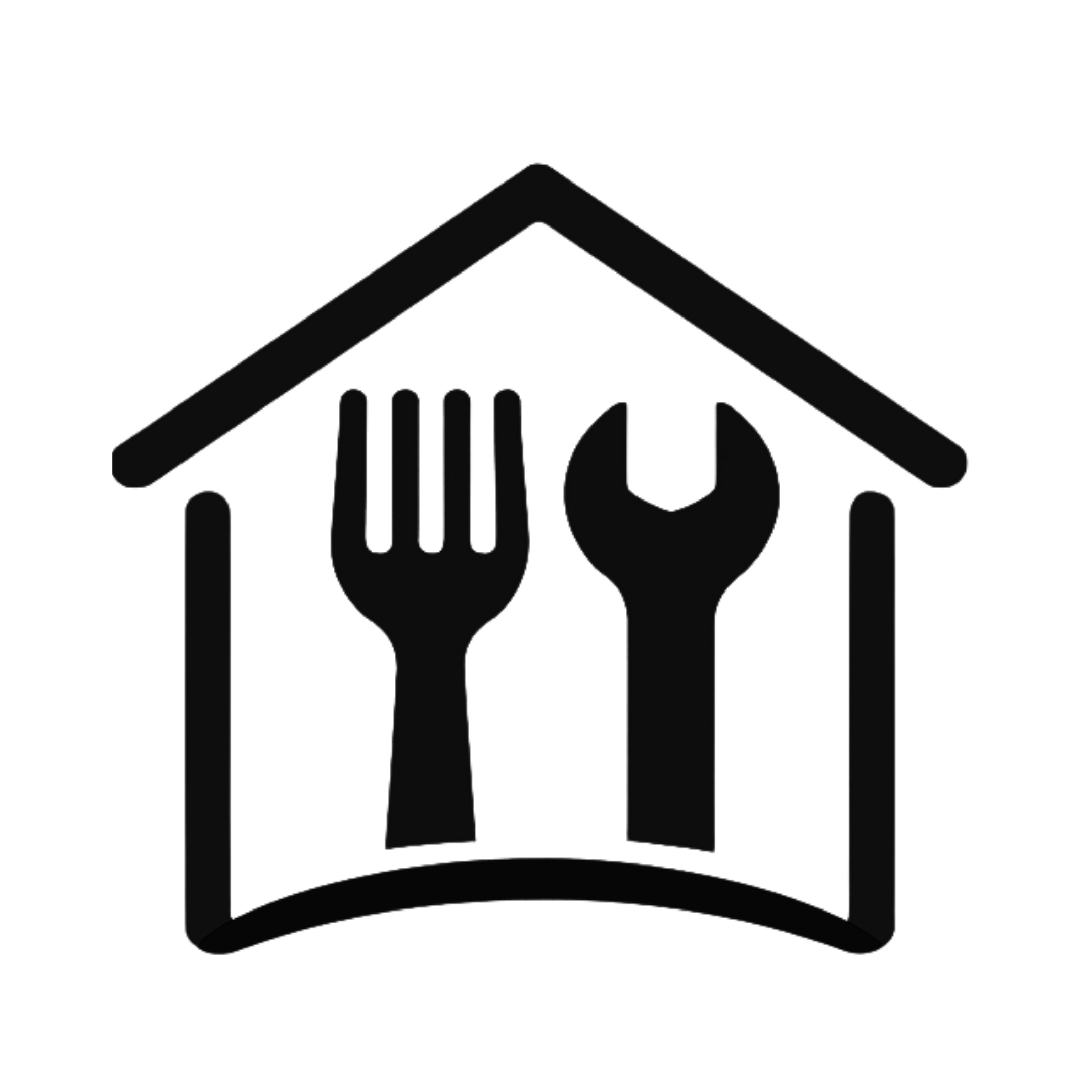 Logo for Singapore restaurant renovation services featuring a black house icon with a fork and wrench inside, symbolizing dining and handyman expertise for F&B interior upgrades and kitchen remodeling.