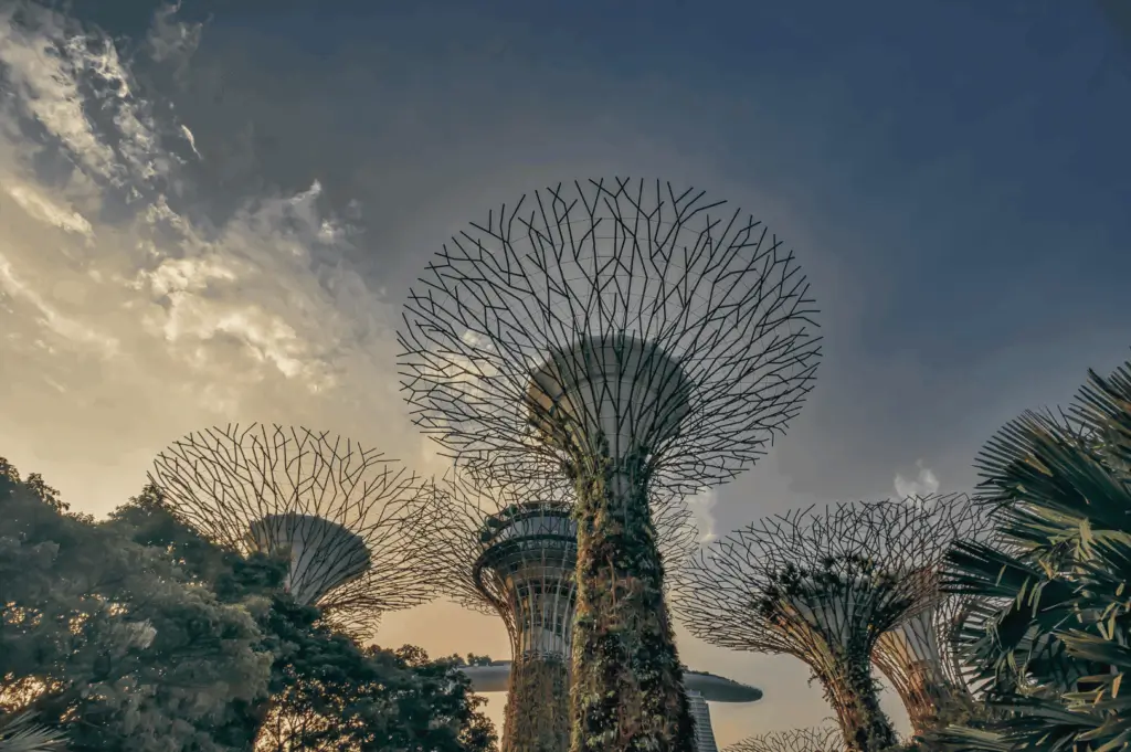 Low-angle view of Supertree Grove at Gardens by the Bay, Singapore, showcasing towering vertical gardens against a dramatic sky. These iconic structures symbolize sustainable design and urban cooling—key inspirations for commercial kitchen ventilation systems adapted to Singapore’s tropical climate.