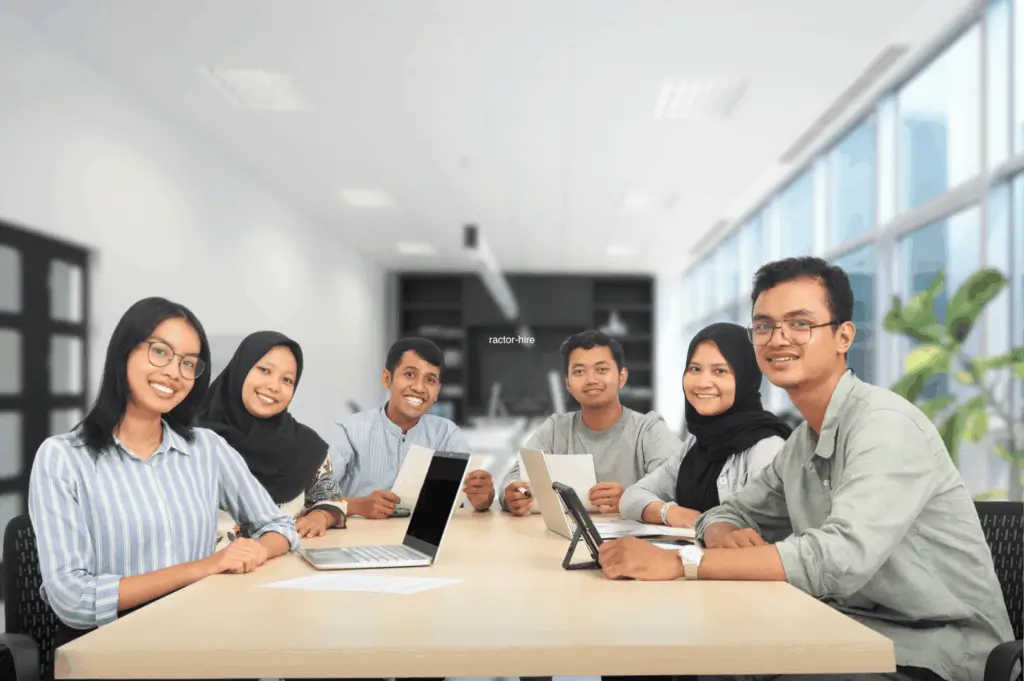 Diverse project team meeting around a table with laptops and tablets in a bright office—illustrating collaboration when choosing a restaurant renovation contractor.