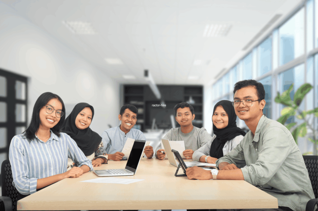 Diverse project team meeting around a table with laptops and tablets in a bright office—illustrating collaboration when choosing a restaurant renovation contractor.