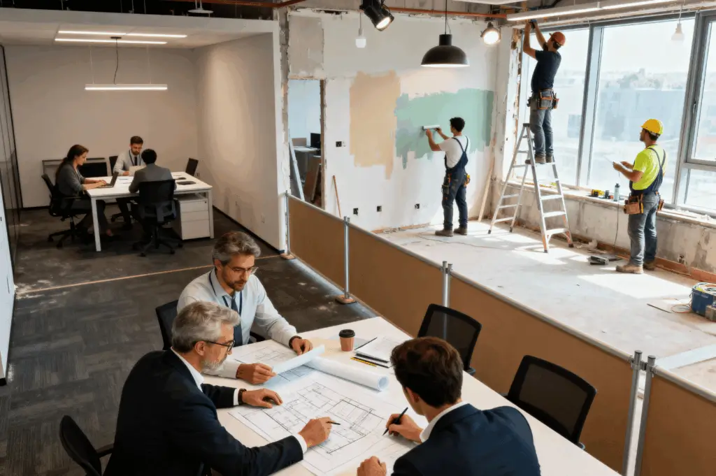 Office renovation in progress with construction workers painting and drilling near exposed insulation, while business teams in suits review blueprints and hold meetings nearby—capturing a phased strategy that balances active workspace use with ongoing upgrades.