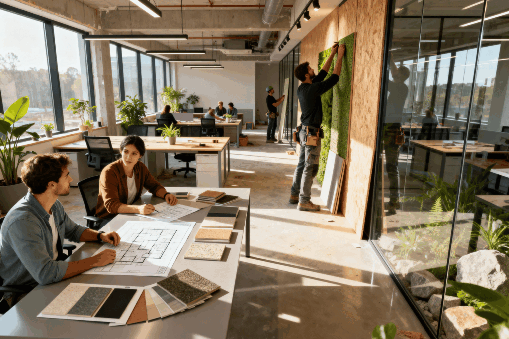 Design team reviews architectural plans and material swatches in a sunlit office while a worker installs a green wall panel nearby—illustrating the final phase of renovation where aesthetics, sustainability, and collaboration converge to transform the workspace without disrupting daily operations.