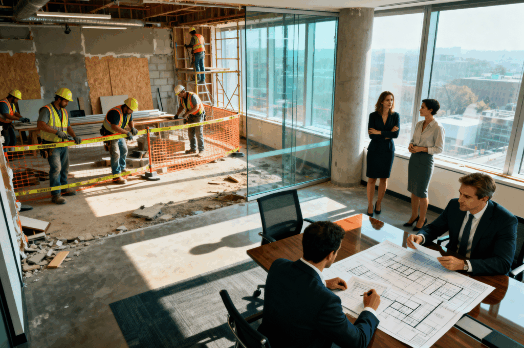 Construction workers build behind a safety barrier while office professionals in suits review blueprints and discuss plans nearby—capturing the collaborative tension of phased renovation, where raw progress and strategic oversight coexist in a shared workspace.