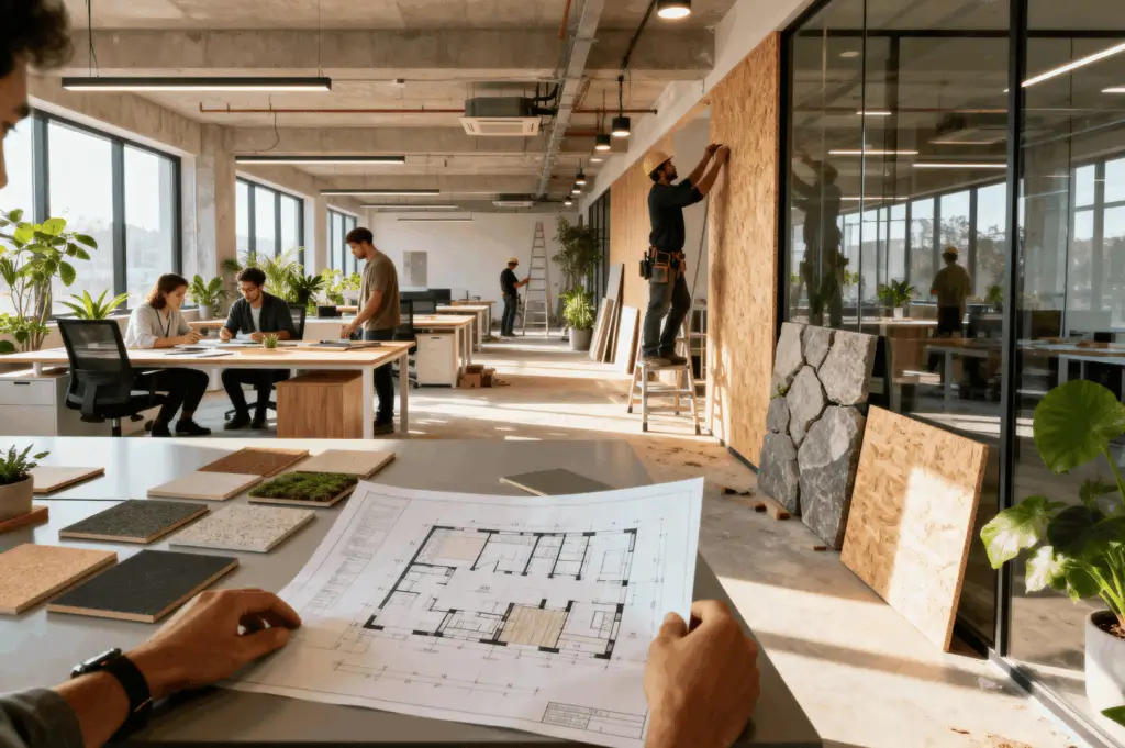 Architectural blueprint and material swatches laid out in a sunlit office as teams collaborate on interior design, while a worker installs wooden panels—signaling the final phase of renovation where vision, detail, and workplace aesthetics come together without halting productivity.
