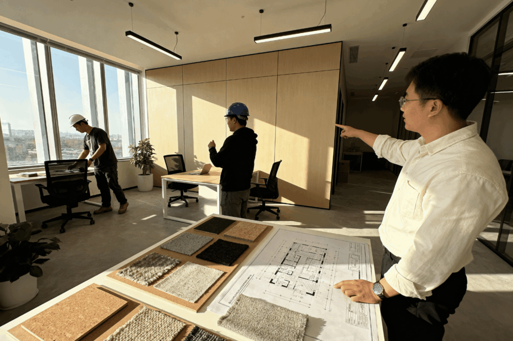 Project team reviews architectural blueprints and flooring samples in a sunlit office as a construction lead in a safety helmet explains design updates—capturing a key moment in phased renovation where inspection, collaboration, and material choices shape the evolving workspace.
