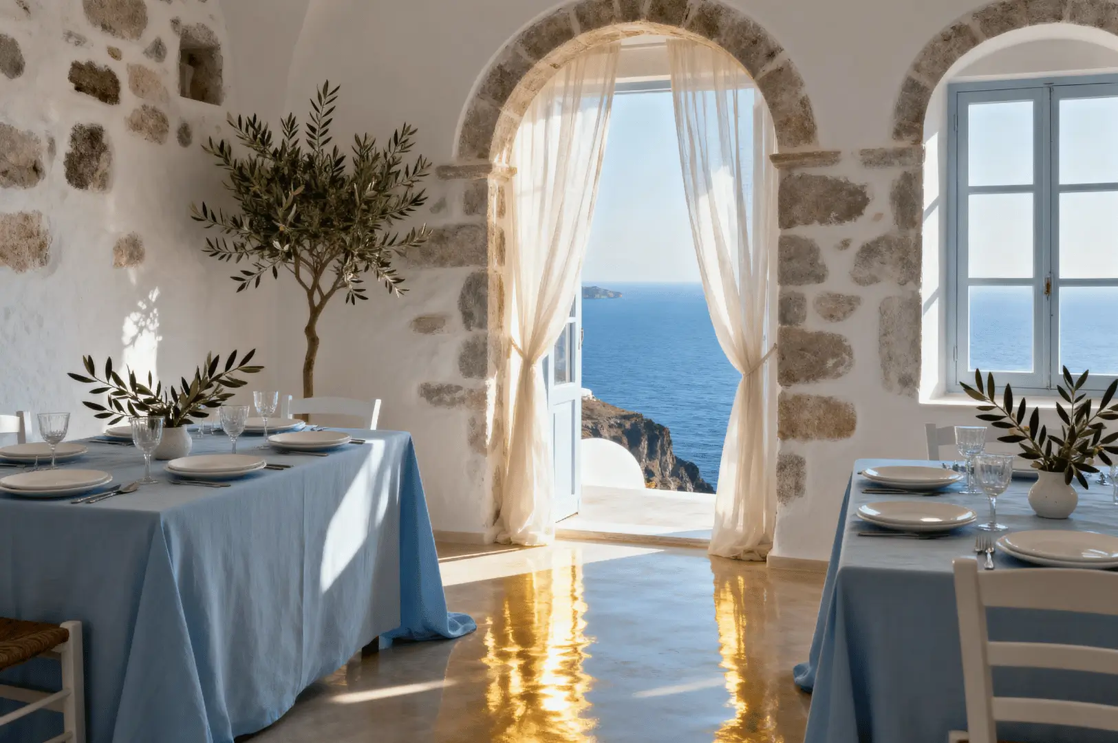 Santorini Restaurant Inspiration: Creating Iconic Blue and White Greek Island Style Interiors