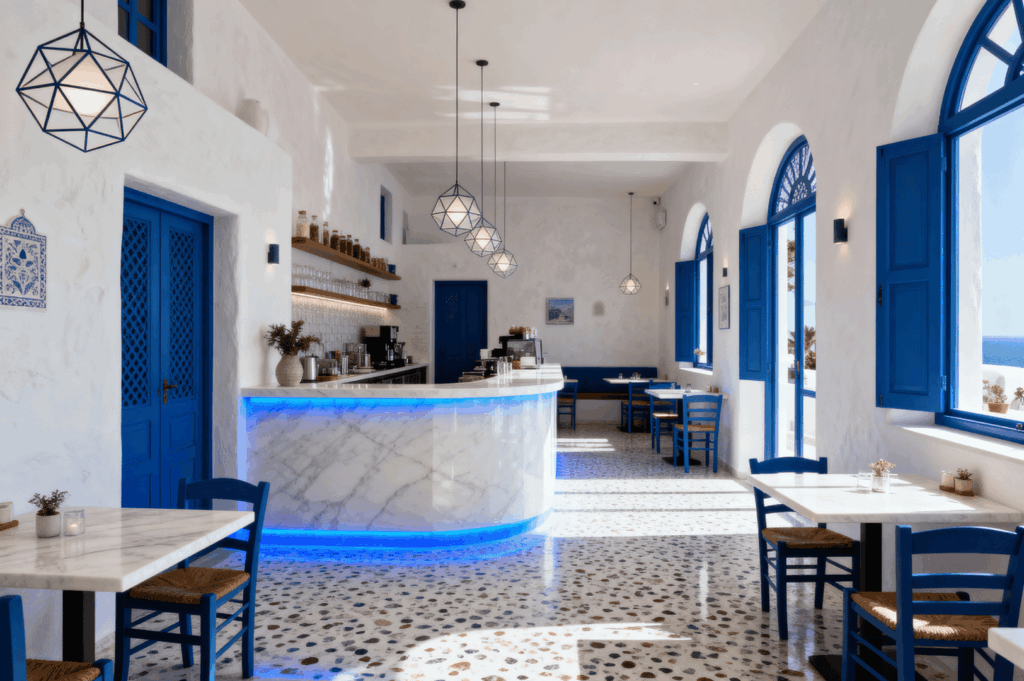 Bright, airy café interior blending traditional Greek island architecture with modern design. White walls and vivid blue accents—doors, chairs, and window frames—echo Santorini’s iconic palette, while terrazzo flooring and a marble counter with soft blue LED lighting add contemporary flair. Geometric pendant lights and arched windows frame a tranquil sea view, creating a serene, coastal ambiance.