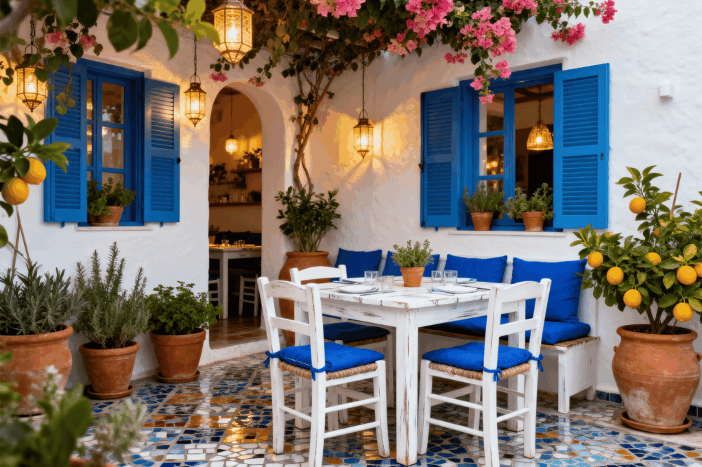 Charming outdoor dining nook with whitewashed walls and vibrant blue shutters, echoing classic Santorini style. A white table and chairs with blue cushions sit atop colorful mosaic tiles, surrounded by terracotta pots filled with lemon trees and herbs. Pink bougainvillea cascades overhead, while hanging lanterns add a warm glow, creating a cozy, sun-drenched Mediterranean ambiance.