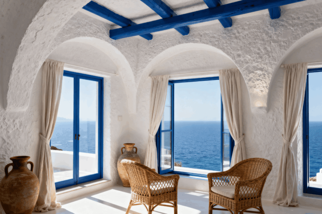 Sunlit Mediterranean room with whitewashed stone walls, arched ceilings, and exposed blue wooden beams, evoking classic Greek island architecture. Large blue-framed glass doors open to a sweeping sea view, while wicker chairs, ceramic vases, and sheer white curtains add rustic charm and coastal tranquility.