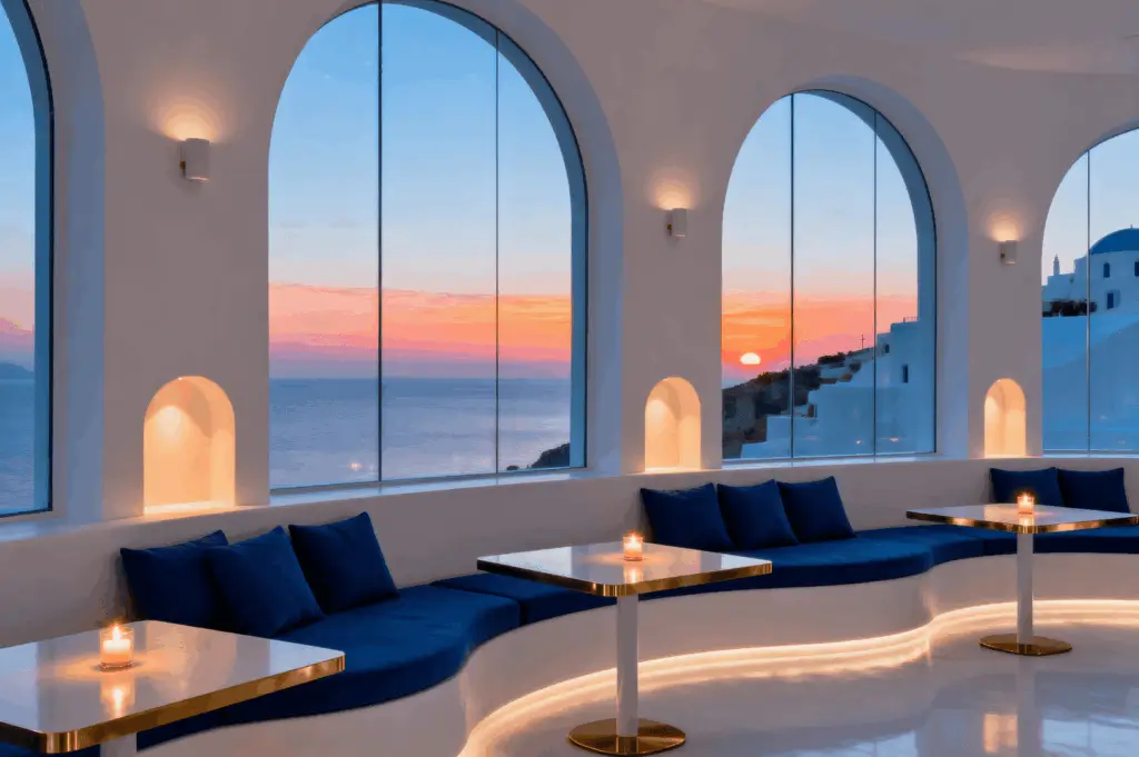 Elegant indoor seating area with deep blue cushioned bench and candlelit round tables, set beside large arched windows framing a golden coastal sunset. White walls and soft lighting enhance the serene ambiance, while views of domed white buildings and the sea beyond evoke the romantic charm of Santorini’s hillside architecture.