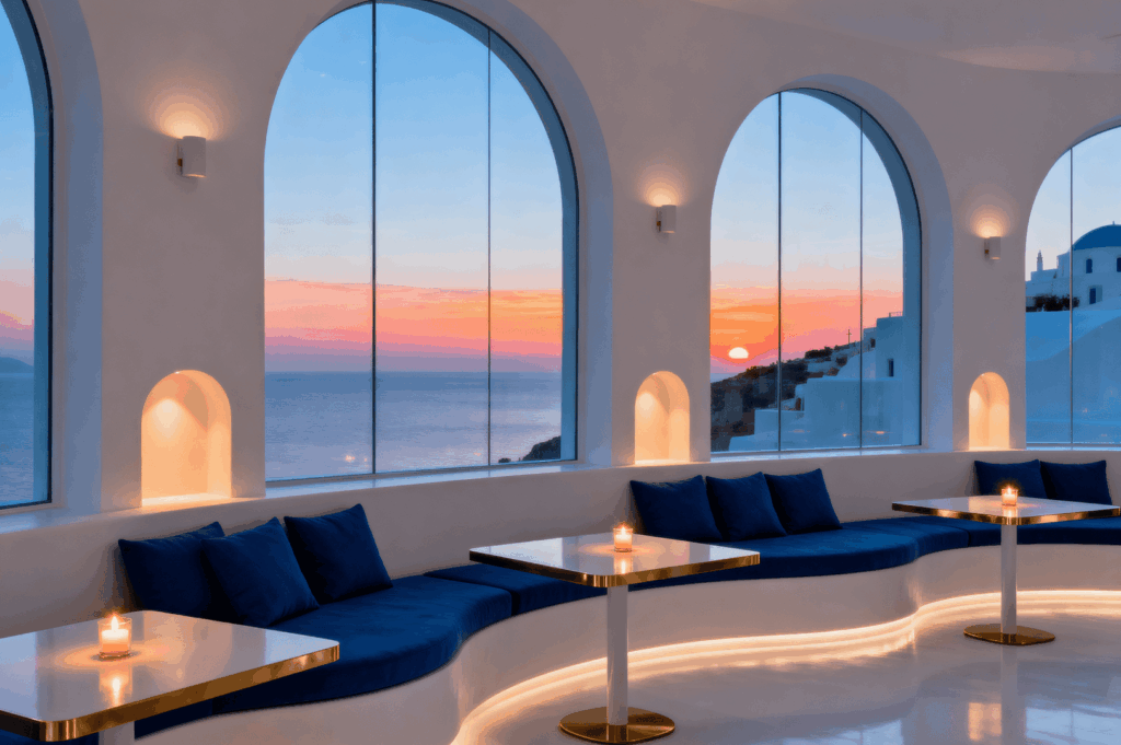Elegant indoor seating area with deep blue cushioned bench and candlelit round tables, set beside large arched windows framing a golden coastal sunset. White walls and soft lighting enhance the serene ambiance, while views of domed white buildings and the sea beyond evoke the romantic charm of Santorini’s hillside architecture.