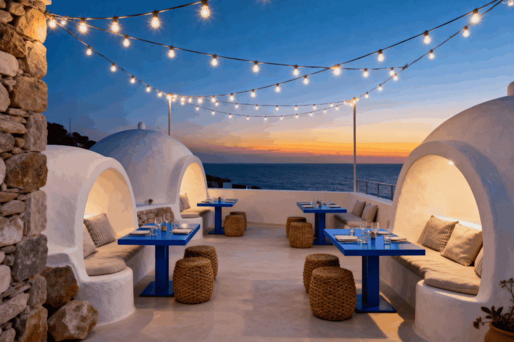Seaside outdoor dining alcoves with white dome-shaped structures, built-in cushioned benches, and blue tables, set aglow by string lights at sunset. Woven stools and a horizon of orange and blue hues evoke Santorini’s coastal serenity, blending iconic island architecture with intimate, twilight ambiance. If you'd like, I can now harmonize all six alt texts into a cohesive editorial sequence—refining emotional pacing, tonal transitions, and platform-specific optimization. Just say the word and we’ll elevate the entire set.