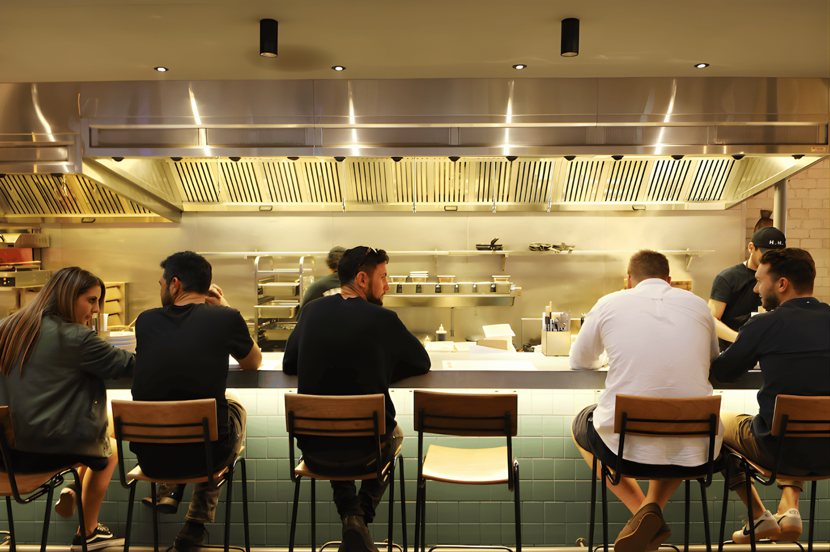 Six diners seated at a tiled counter in a Singapore open-kitchen restaurant, watching chefs prepare meals amid stainless steel appliances and warm lighting. The cozy setup invites conversation and culinary engagement, illustrating how open kitchen design transforms dining into a shared experience.