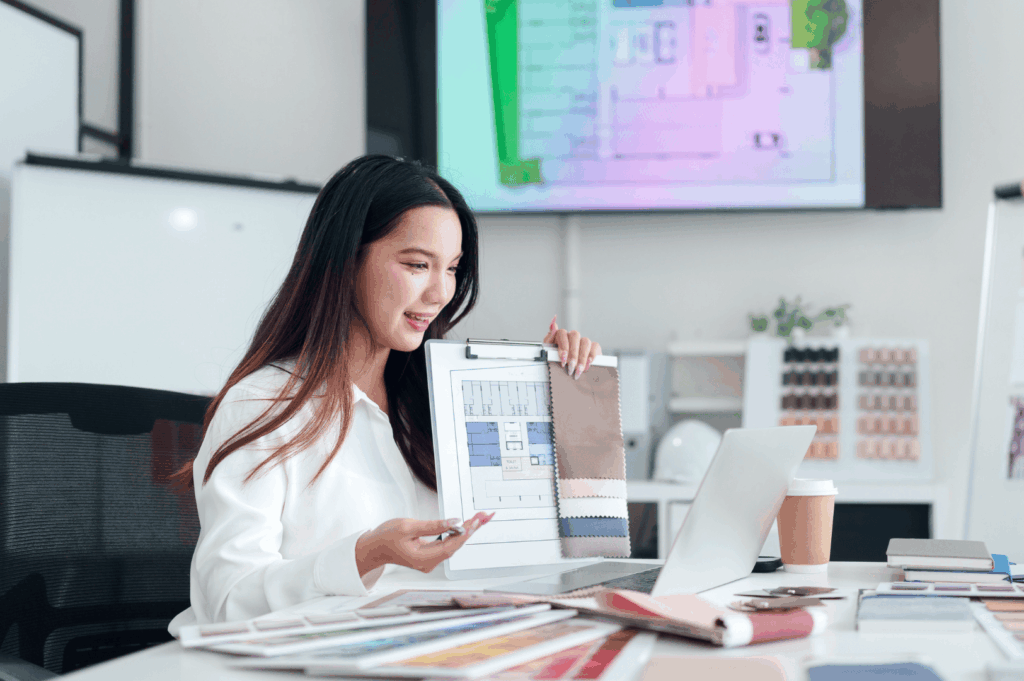 An interior design professional in a modern Singapore studio presenting a restaurant design project to a client, with floor plans, color swatches, and material samples on the desk. This scene highlights the best renovation contractors and renovation contractors Singapore who connect homeowners and business owners with skilled renovation contractors for home renovation, offices, cafes, HDB, and restaurant space transformations. The team demonstrates expertise, attention to detail, and reliable service to achieve inspired results that suit any house, flat, or commercial building. Whether for food venues or residential home upgrades, these contractors manage cost, offer specialty solutions, and deliver featured design work recognized by strong reviews. Their world's best practices help transform spaces, submit and refer ideas that matter, and guide homeowners in their search for quality renovation outcomes.
