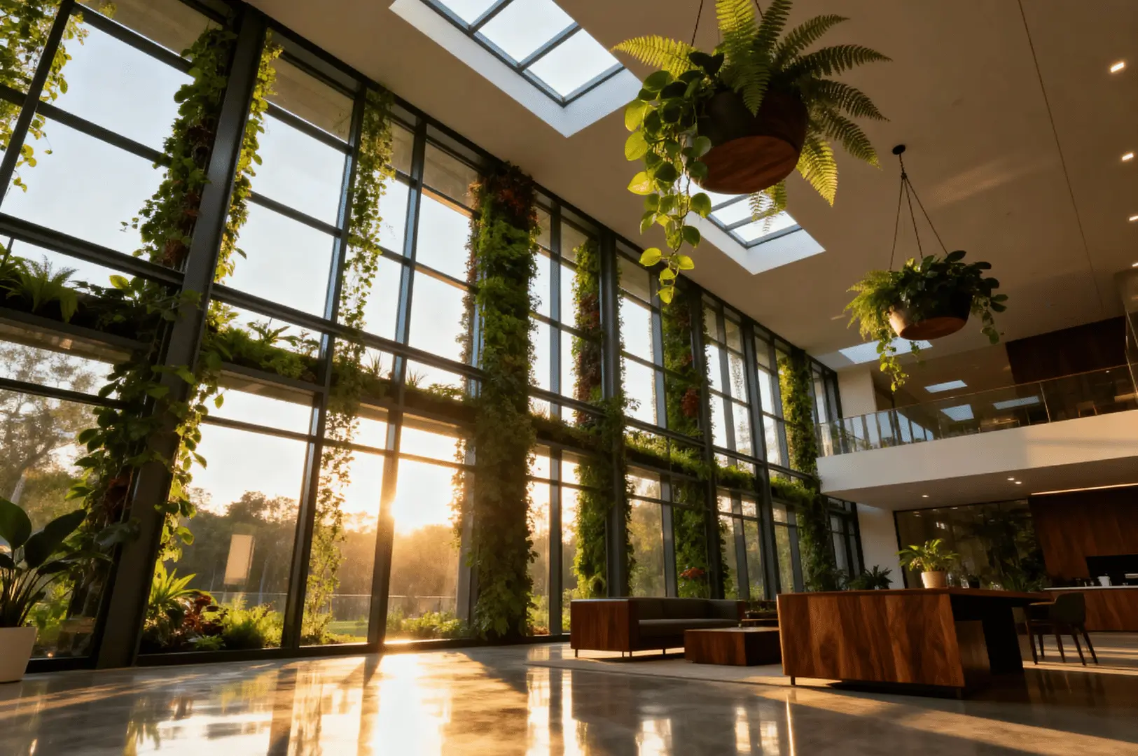 Lobby-style restaurant interior with floor-to-ceiling windows, vertical green walls, and hanging planters that flood the space with natural light, showcasing biophilic design for a calming dining atmosphere.