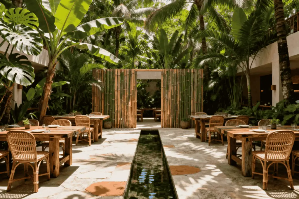 Outdoor restaurant dining area with wooden tables, wicker chairs, and a central water feature surrounded by tropical greenery, illustrating biophilic design in hospitality spaces.