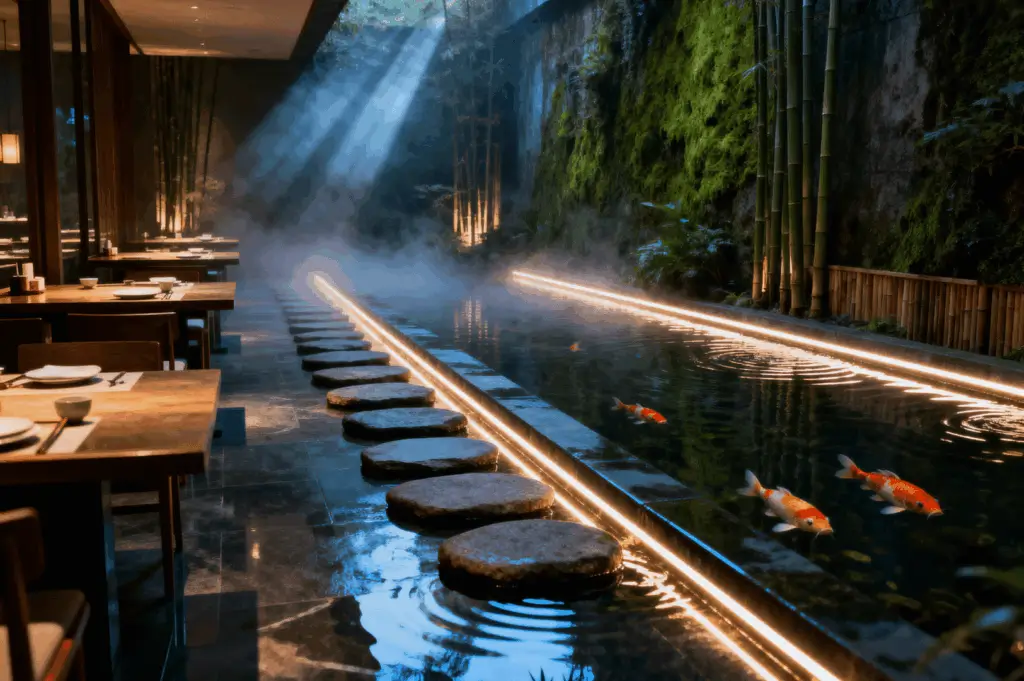 Indoor restaurant with koi pond, stepping stones, and moss-covered walls, where natural light and mist create a tranquil example of biophilic dining design.
